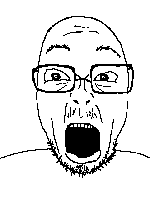 zozo, 1soyjak, bald, eyebrows up, front view, glasses, looking at you, mustache, open eyes, open mouth