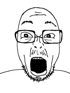 zozo, 1soyjak, bald, eyebrows up, front view, glasses, looking at you, mustache, open eyes, open mouth