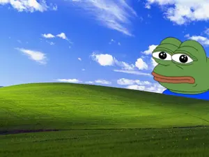 pepe, amphibian, animal, bald, big lips, black eyes, bliss (windows xp), blue, blue sky, closed mouth