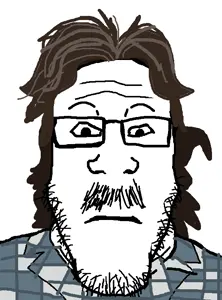 markiplier soyjak, neutralplier, beard, blue shirt, brown hair, clothes, front view, hair, hairy, long hair