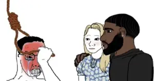 black tradcath, tradwife wojak, wojak, yes chad, chudjak, 1soyjak, beard, black eyes, black hair, black skin