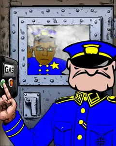 police man ganson, chudjak, chudjak front, muscular chud, 1soyjak, black eyes, black hair, brown, brown skin, button