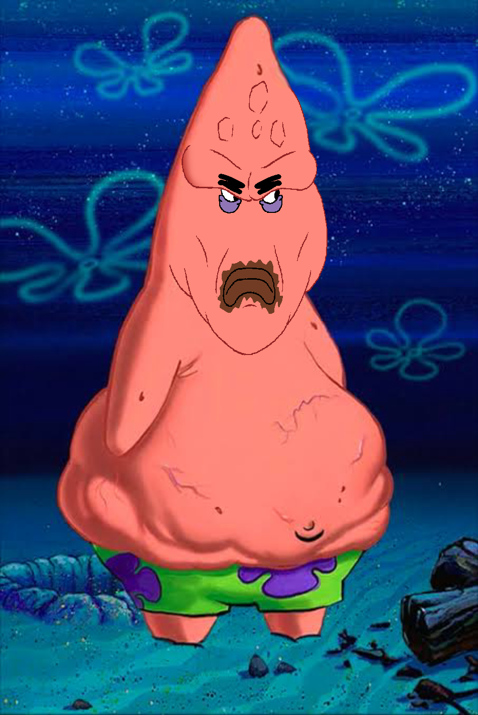 patrick star, disgusting trevorcreature, 1soyjak, angry, arm, bald, belly, belly button, black eyes, bushy eyebrows