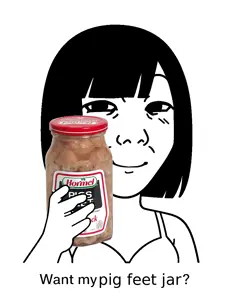 kuzjak, temuchan, femjak, want to drink?, 1soyjak, animal, bikini, black eyes, black hair, bottle
