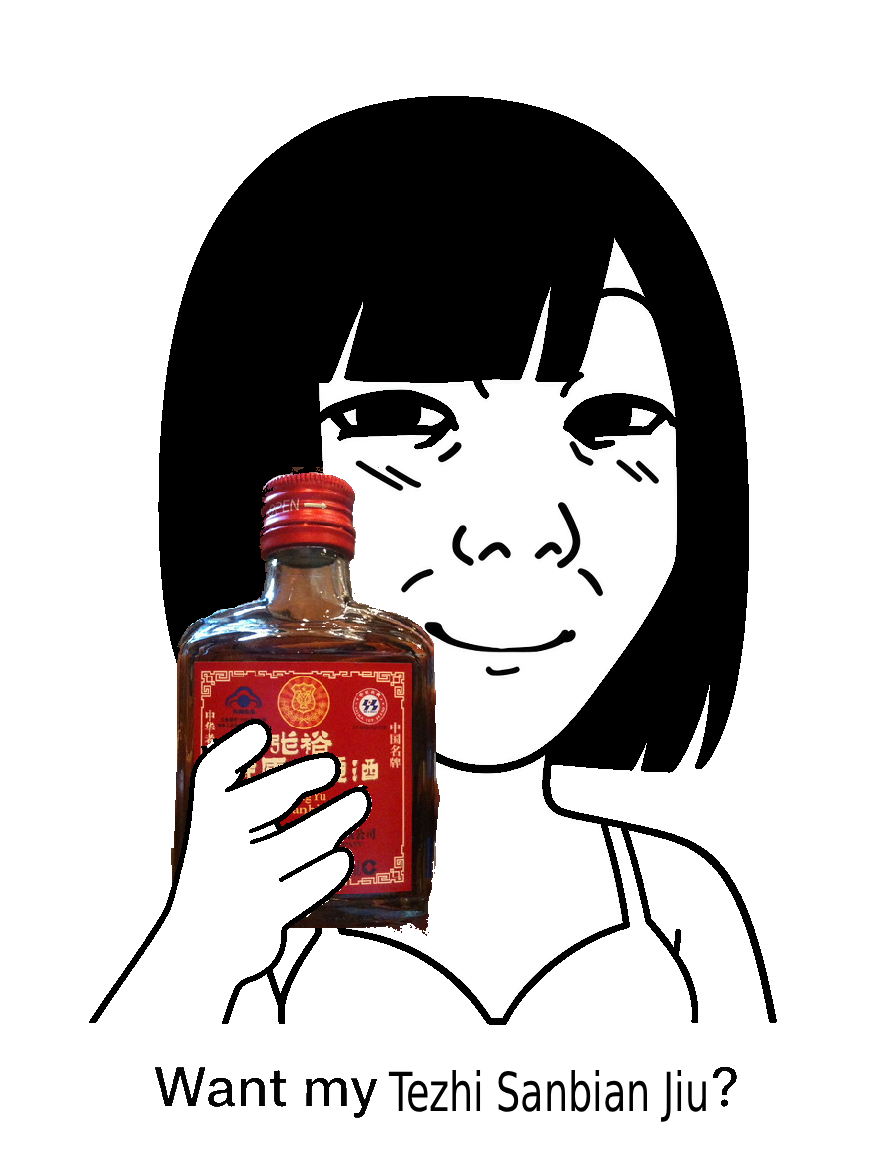 kuzjak, temuchan, femjak, want to drink?, 1soyjak, alcohol, black eyes, black hair, closed mouth, drink