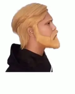 yes chad, beard, black eyes, blonde hair, brown skin, buff, closed mouth, front view, hair, looking to the right
