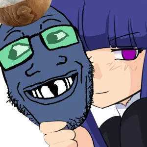 bernkastel, markiplier soyjak, grinlook poggers, 1soyjak, anime, anime girl, bald, black eyes, blue hair, blue skin