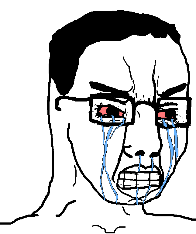 chudjak, protochud, 1soyjak, aliased, angry, black hair, bloodshot eyes, chud, clenched teeth, crying