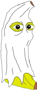 bapepe, pepe, 1nas, black eyes, costume, front view, full body, ghost, looking at you, mouth covered
