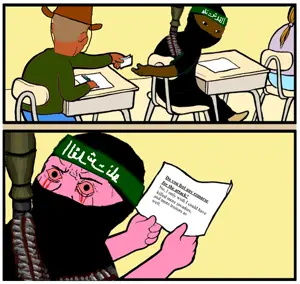 australian shitposter, wojak, black pants, black shirt, bloodshot eyes, blue pants, chair, christchurch shooting, clothes, crying blood
