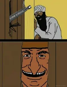 australian shitposter, beard, brown skin, door, gun, hiding, holding knife, knife, mudslime, remove kebab