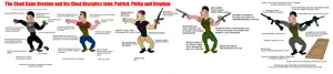 chad thundercock, ak-47, assault rifle, black pants, black shirt, blacksun, blonde hair, blue eyes, blue pants, brenton tarrant