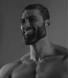 gigachad, beard, black eyes, black hair, bowl, buff, chopsticks, closed eyes, closed mouth, ear
