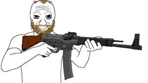 coomer wojak, wojak, arm, assault rifle, balding, brown beard, clothes, coomer, firearm, germany