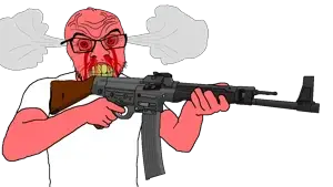 feraljak, 1soyjak, angry, arm, assault rifle, bald, blood, bloodshot eyes, closed mouth, clothes