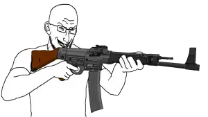 spy (team fortress 2), spyjak, team fortress soyjaks, 1soyjak, arm, assault rifle, black eyes, clothes, ear, evil