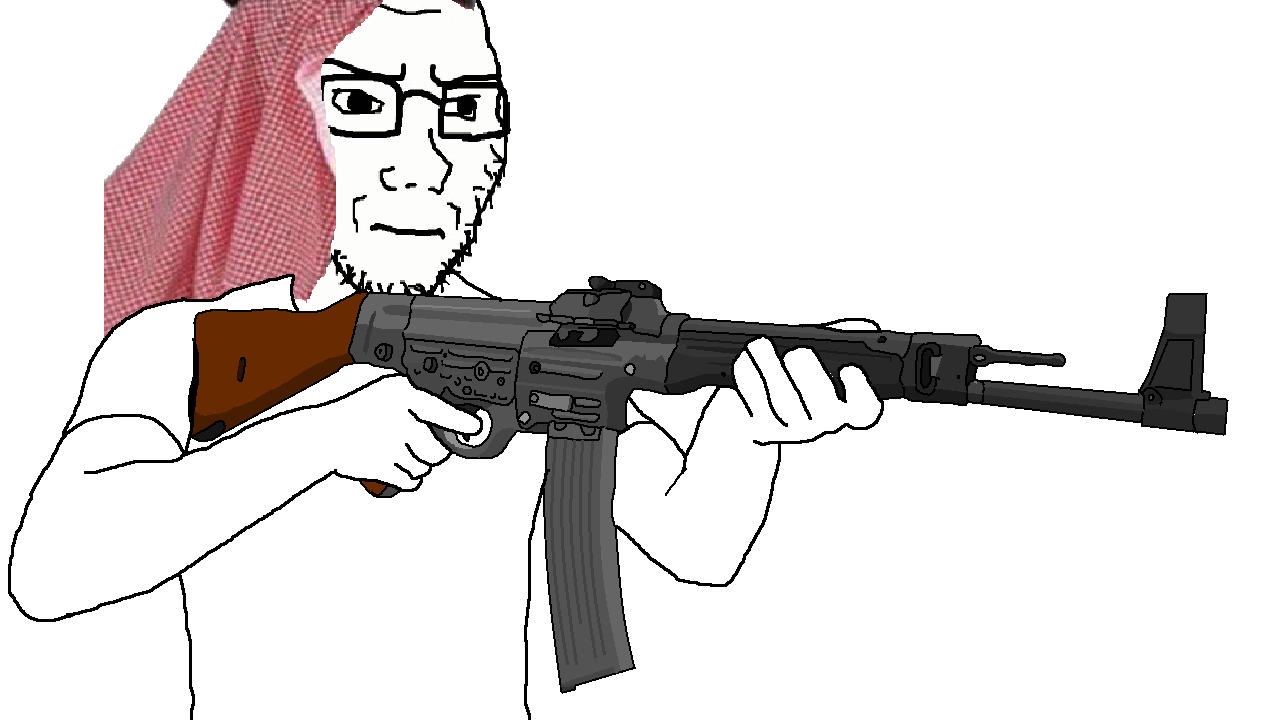 soyak, soyak (irritated), 1soyjak, arab, arm, assault rifle, closed mouth, clothes, firearm, frown