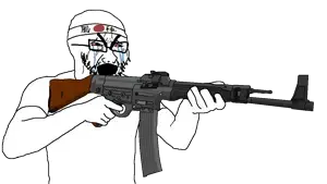 cryboy soyjak, 1soyjak, arm, assault rifle, bald, black eyes, bloodshot eyes, bushy eyebrows, clothes, country