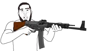 unknown, 1soyjak, arm, assault rifle, beard, black eyes, breasts, brown hair, clothes, firearm