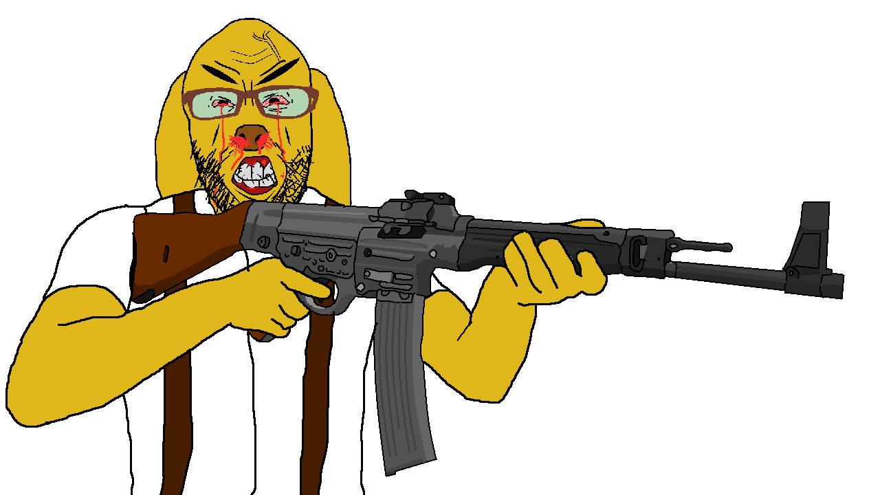 nojak, jannyjak, 1soyjak, angry, animal, arm, assault rifle, blood, bushy eyebrows, clothes