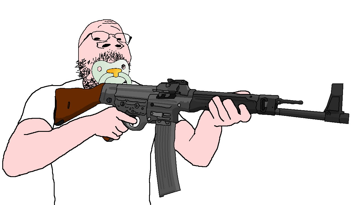gapejak, babyjak, mustached gapejak, wholesome soyjak, babyjak, 1soyjak, arm, assault rifle, baby, bald
