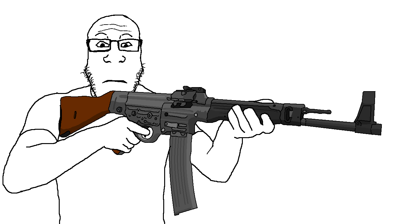 markiplier soyjak, neutralplier, arm, assault rifle, closed mouth, clothes, firearm, germany, glasses, gun