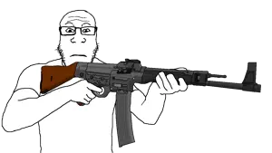 markiplier soyjak, neutralplier, arm, assault rifle, closed mouth, clothes, firearm, germany, glasses, gun