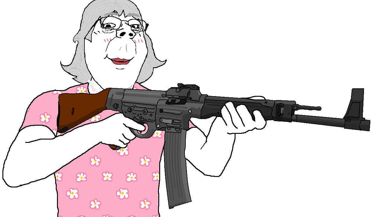 gapejak, female gapejak, wholesome soyjak, femjak, 1soyjak, arm, assault rifle, clothes, female, firearm