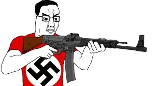 chudjak, angry, arm, assault rifle, black hair, bushy eyebrows, closed mouth, clothes, eyebrows, firearm