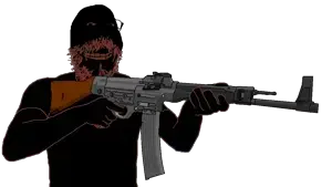 vakaba, gapejak, mustached gapejak, wholesome soyjak, 1soyjak, angry, arm, assault rifle, bald, clenched teeth