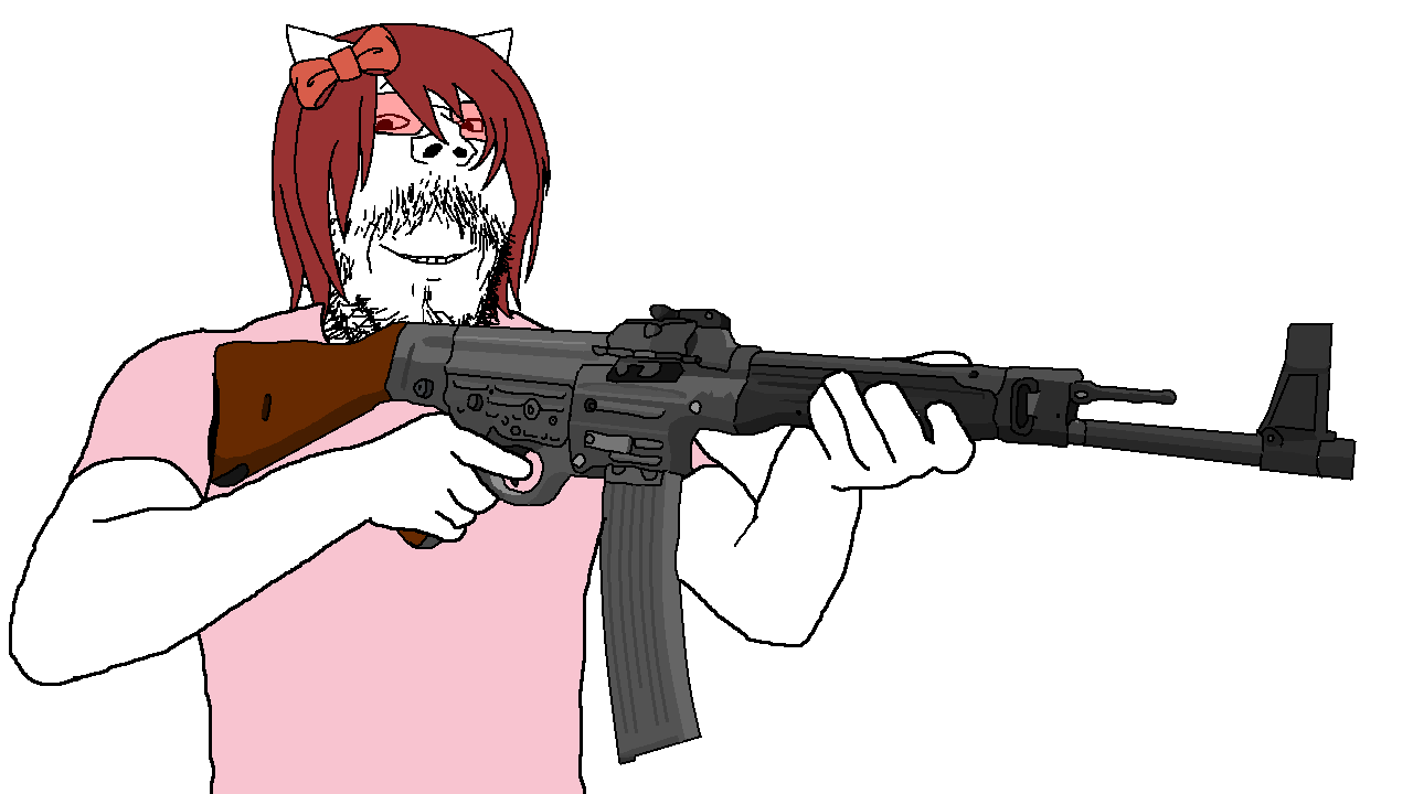 moot-tan, gapejak, mustached gapejak, 1soyjak, 4chan, arm, assault rifle, bow, brown beard, cat ear