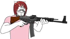 moot-tan, gapejak, mustached gapejak, 1soyjak, 4chan, arm, assault rifle, bow, brown beard, cat ear