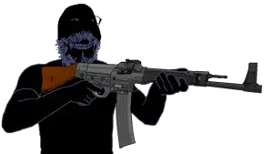 vakaba, gapejak, mustached gapejak, wholesome soyjak, 1soyjak, arm, assault rifle, bald, black eyes, blue