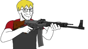 nate higgers, soyak, soyak (smug), natejak, 1 year on bald men with glasses website, 1soyjak, arm, assault rifle, blonde hair, clothes