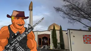 australian shitposter, black tank top, blonde hair, buff, camera, christchurch shooting, clothes, eyebrows, grin, gun
