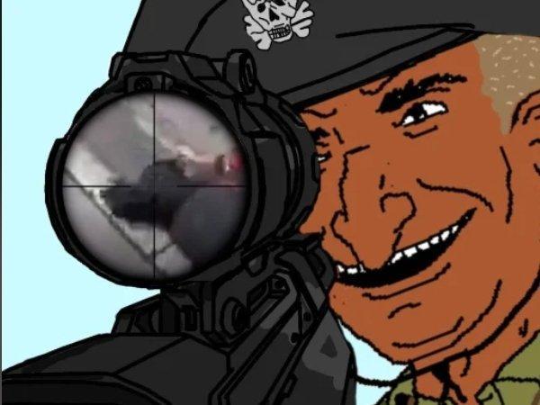 australian shitposter, bone, bones, brown skin, cap, clothes, eyebrows, green shirt, grin, gun