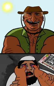australian shitposter, beard, brown skin, buff, clothes, drool, green shirt, grin, hands, hat