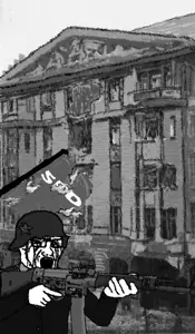 soyak, soyak (crying), 1soyjak, assault rifle, bald, black and white, black eyes, building, burning, clothes