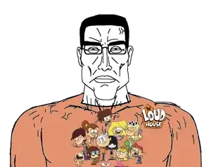 chudjak, perceptive chud, buff, cartoon, closed mouth, clothes, ear, front view, glasses, hair