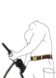ammo, ammo belt, belt, buff, bullet, clothes, firearm, gun, half body, holding firearm