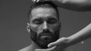 gigachad, gigachaded, 1nas, arm, beard, black eyes, black hair, buff, closed eyes, closed mouth