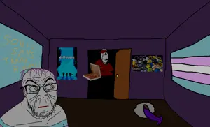 cobson, feraljak, rapeson, 2soyjaks, closed mouth, dildo, drawn background, fat, front view, full body