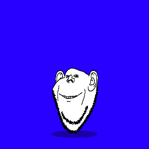 impish soyak ears, 1soyjak, 3dgifmaker, animated, bald, black eyes, blue background, boing, bouncing, cheeks
