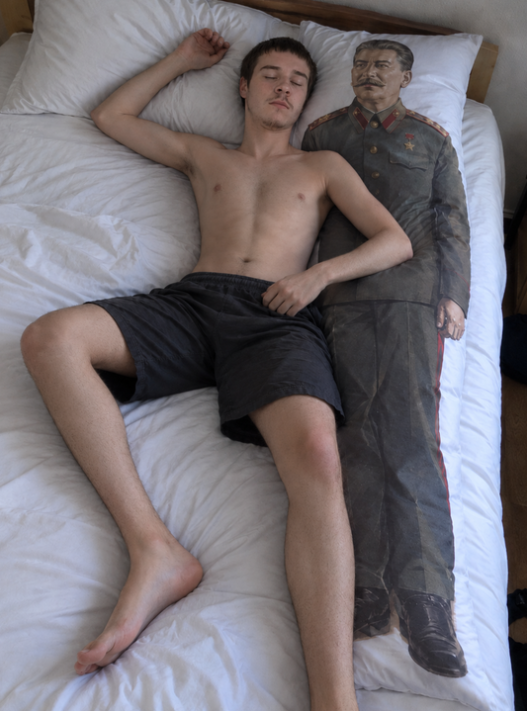 joseph stalin, arms, bed, bedroom, black eyes, black hair, body pillow, bodypillow, chest, chest hair