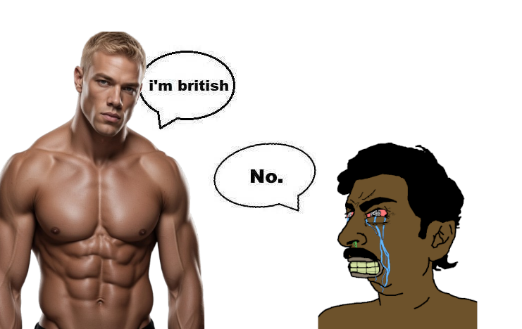 pajeetjak, aryan, 1soyjak, a10 eyes, black hair, blonde hair, bloodshot eyes, british, brown skin, buff