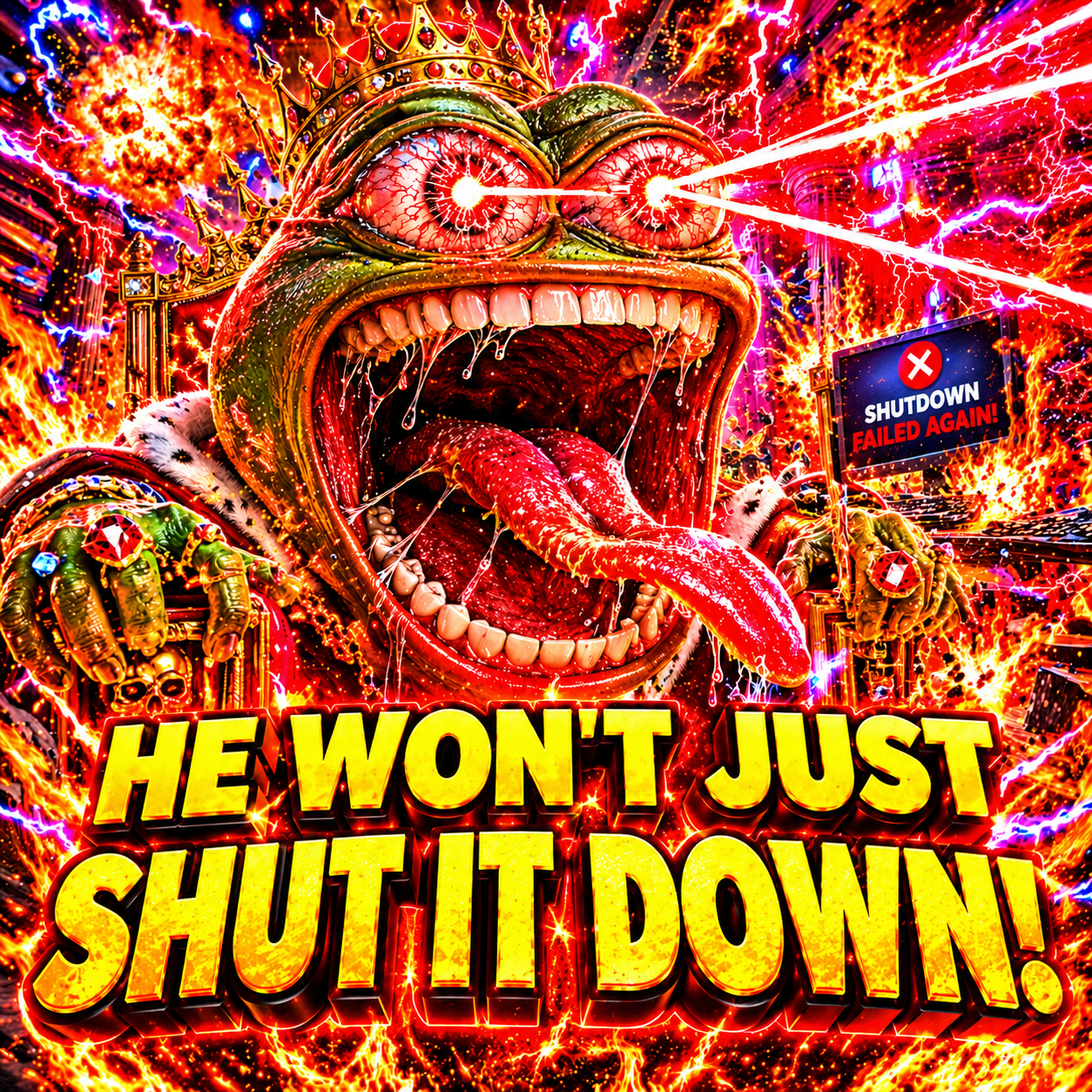 pepe, amphibian, animal, computer, fire, frog, gaping mouth, glowing eyes, green skin, jsid