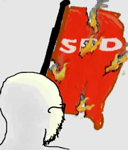 soyak, 1soyjak, back turned, burn marks, burning, drawn background, fire, flag, flag pole, glasses