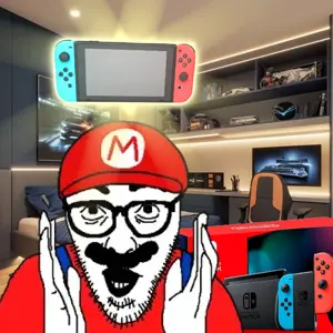 mario, poglet, 1soyjak, bald, black eyes, blue overalls, box, front view, glasses, glowing
