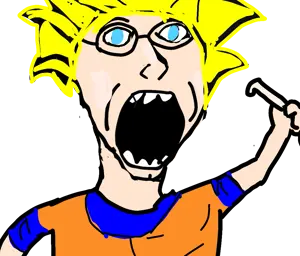 goku, valjak, 1soyjak, anime, big hair, big head, blonde hair, clothes, glasses, gray shirt