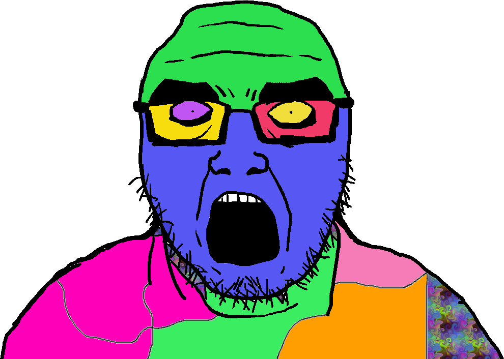 jonhjak, colorjak, 1soyjak, bald, black eyes, colorful, front view, glasses, looking at you, multicolored skin